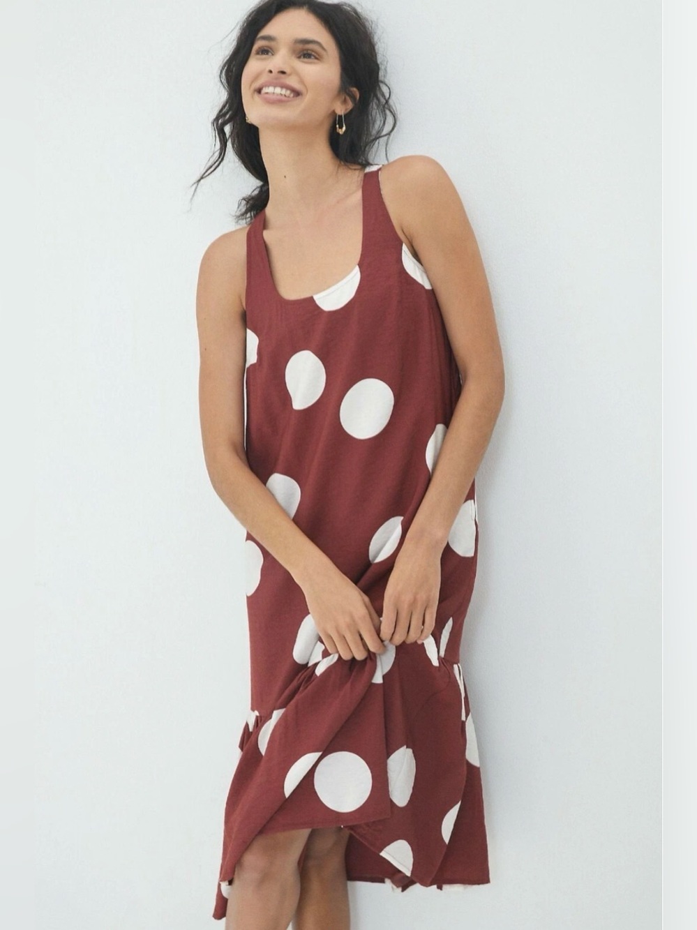 Anthropologie Polka Dot Midi Dress Small Burgundy White Sleeveless Ruffle Hem S - Picture 6 of 11